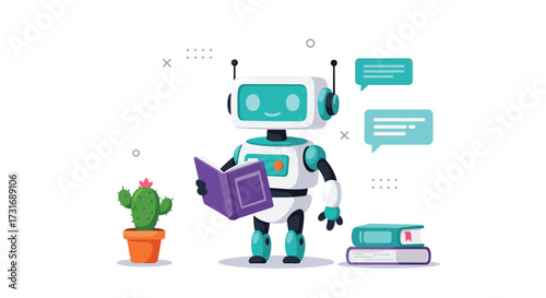Friendly cartoon robot reading a book with chat bubbles.