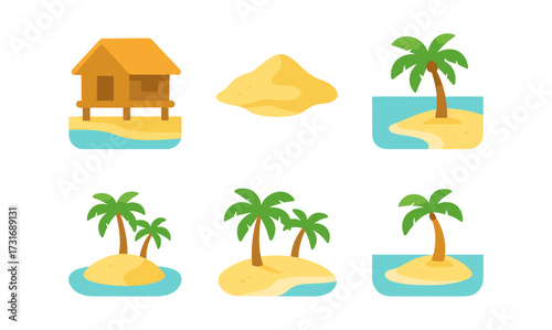 Tropical island icons featuring beach huts and palm trees in flat design