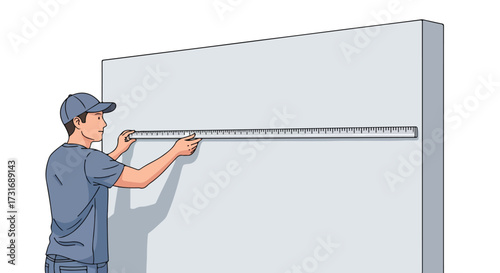 Sketch illustration showcasing a construction worker using a ruler to measure a wall dimension with precision for home renovation planning