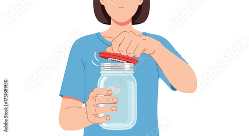 Woman is skillfully uses a specialized device to open a glass jar, demonstrating domestic dexterity and resourcefulness while preserving food