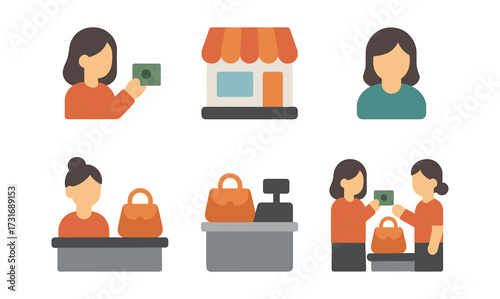 Flat style shopping scenes with customers and cashier interactions