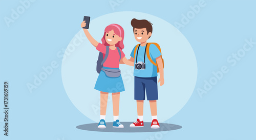 Happy Cartoon Tourist Couple Taking a Selfie with Smartphone.