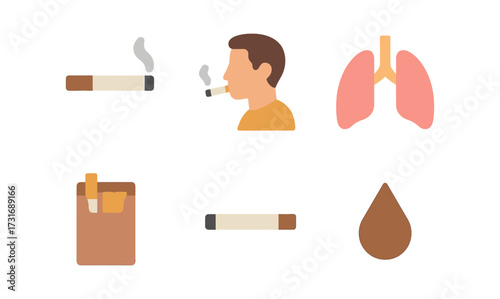 Minimalist flat design icons of smoking and health effects with cigarette and lung imagery