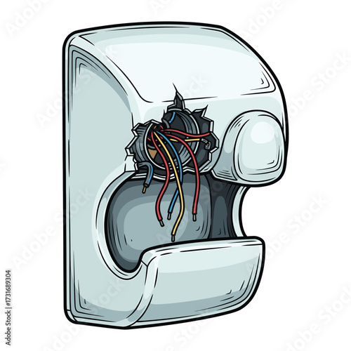 Vector Illustration of a Broken Dryer Machine with Visible Wiring in Modern Minimalist Style Featuring White and Grey Colors