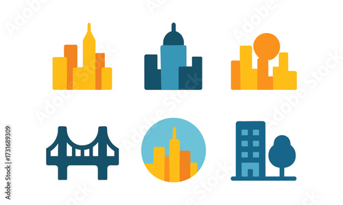 Colorful city silhouettes and iconic structures in minimalist design