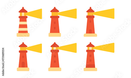 Minimalist lighthouse icons with yellow beams on white background