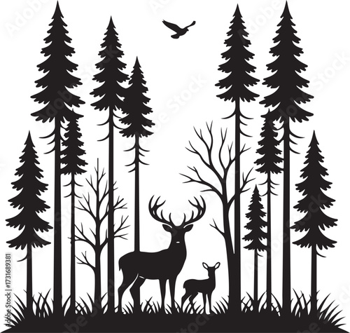 Forest Silhouette: A stunning silhouette captures the essence of a serene forest scene. Deer family stands tall beneath the towering evergreen trees and birds soaring above.