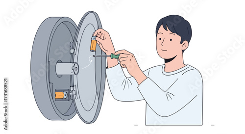 Illustration of a man changing batteries in a circular device, highlighting do it yourself repairs and routine household maintenance