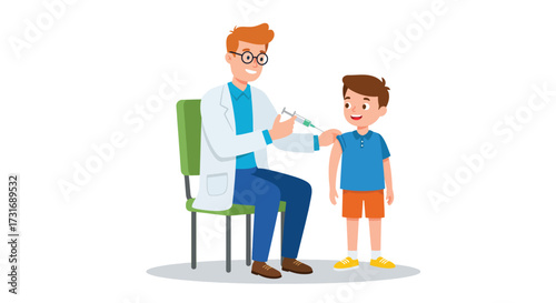Pediatrician Doctor Administering Vaccine Injection to Young Boys Arm.