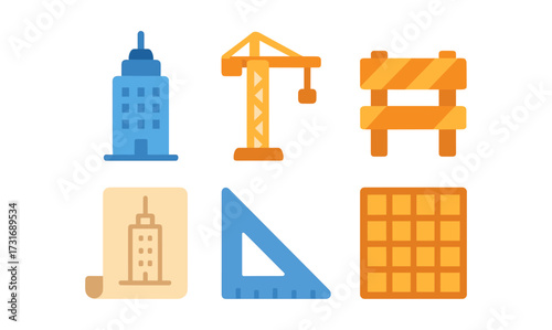 Construction site icons: modern flat design of building, crane, and tools