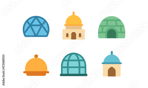 Flat design dome structures: geodesic, mosque, igloo, and more architectural icons