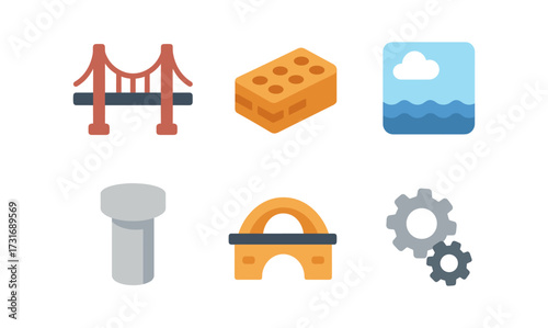 Construction icons set with bridges and gears in flat design style