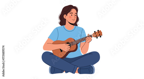 Illustrative serene young person cross-legged enjoying playing the ukulele sitting in contemplative leisure and musical passion