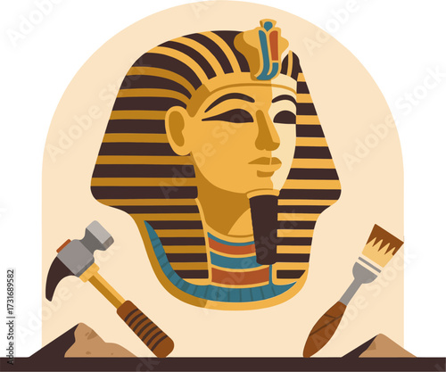 Ancient Pharaoh Bust with Archaeology Tools Vector, Flat Egyptian