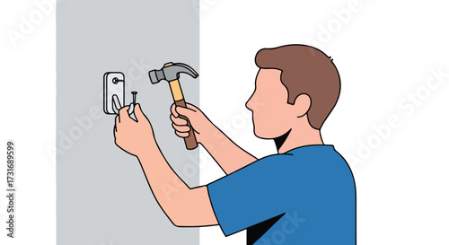 Illustration depicting a person hammering a nail into a wall hook, showcasing home improvement projects and tasks within a domestic setting