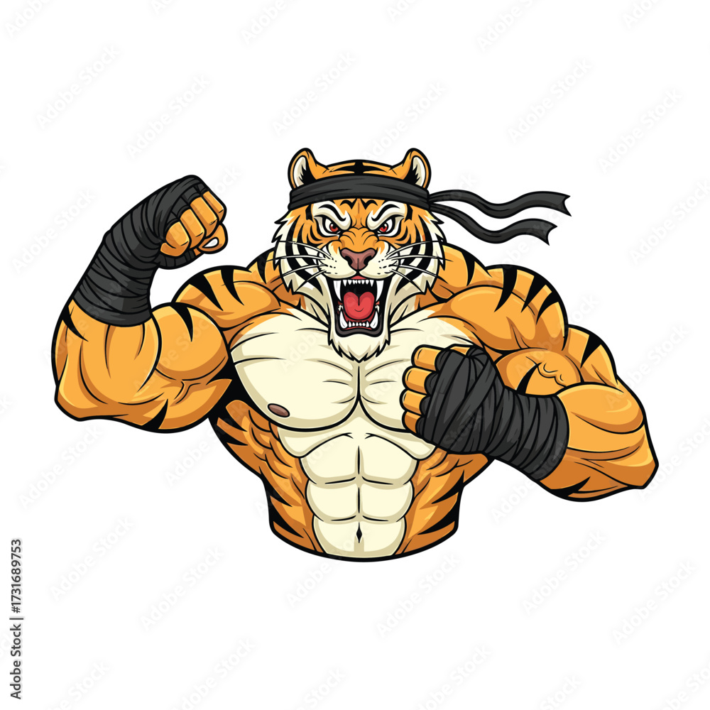 Naklejka premium Fierce muscular tiger warrior with bandana and hand wraps