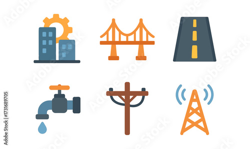Infrastructure icons set featuring buildings, bridge, road, faucet, power lines, and signal tower in flat design