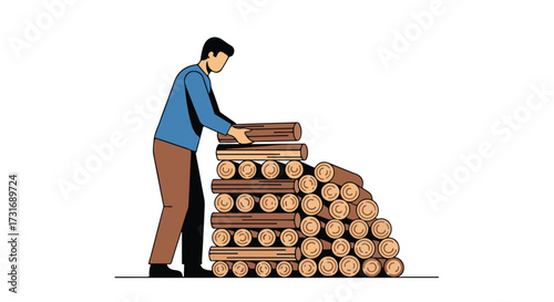 Minimalist Illustration of a Person Stacking Firewood Logs Against a White Background Creating a Neat Pile Showing Rural Activities