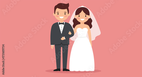 Smiling Cartoon Bride and Groom in Wedding Attire.