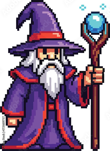 Pixel art wizard holding a magical staff with crystal ball vector