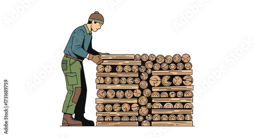 Illustration depicting a man stacking firewood against a pristine white backdrop offering a winter readiness visual