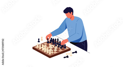 Strategic moves: A man deeply engrossed in a game of chess, contemplating the chessboard's layout with precision and careful planning