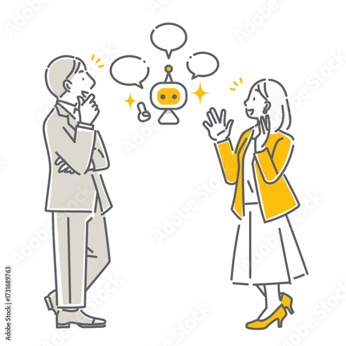 AIを活用して問題を解決するビジネスパーソン　シンプルでお洒落な線画イラスト