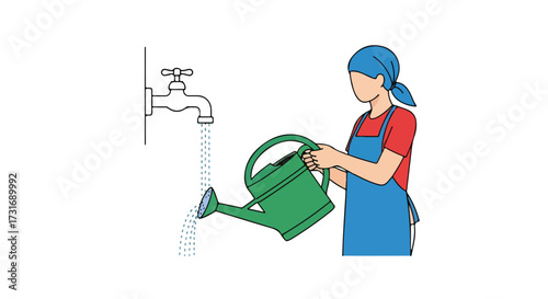 Illustration of a person filling a watering can from a tap, depicting gardening and household chores, with a clean and simple design