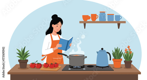 Woman reading cookbook while cooking on stovetop in kitchen.
