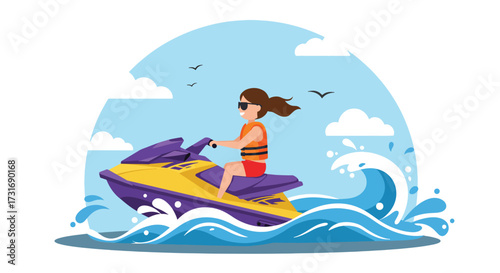 Woman riding a yellow and purple jet ski on wavy blue water.