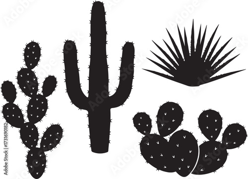 Cactus Silhouette Collection: A set of diverse cactus silhouettes, rendered in bold black, showcasing the unique forms of these resilient desert plants, each casting a strong graphical presence.