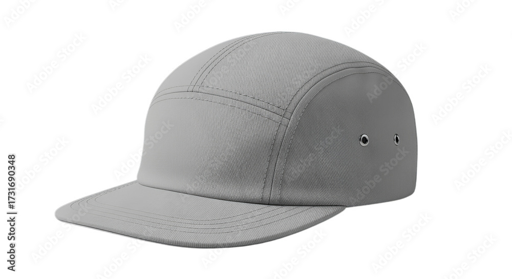 Fototapeta premium Minimalist Gray Five Panel Cap on Transparent Background Studio Shot