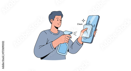 Maintaining hygiene and cleanliness by disinfecting a phone with a spray bottle and soft cloth for safe mobile phone usage
