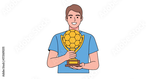 Triumphant soccer player clutching golden trophy displaying joy for winning the competition, celebrating success in achieving soccer game glory