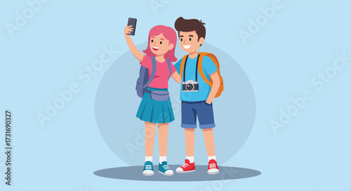Young Tourists Taking Selfie with Backpacks and Camera.