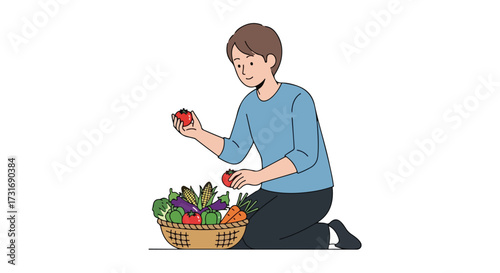 Young adult examining freshly harvested vegetables in a basket brimming with wholesome produce displays healthy eating habits promotes conscious