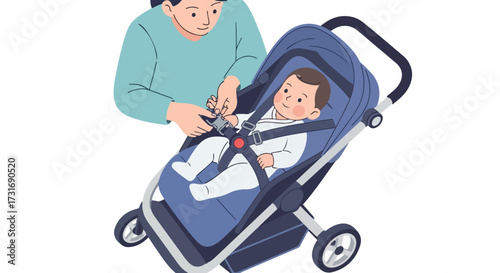 Caring for a Baby in a Stroller: Illustration of a Parent Buckling a Baby into a Stroller for Safety and Comfort