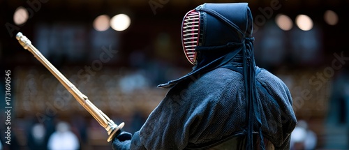 Kendo athlete in protective gear, holding a shinai
