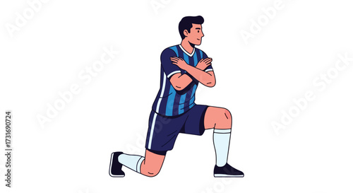 Footballer performing a lunge stretch exercise routine to improve athletic ability and flexibility and prevent injuries during gameplay preparation