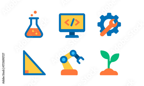 Colorful technology and science icons featuring programming, engineering, and growth
