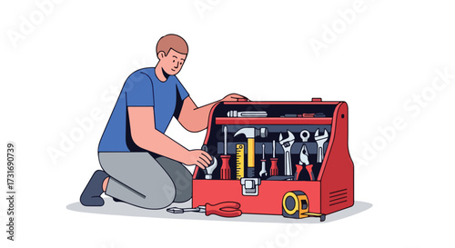 Handyman examining toolbox filled with various tools, isolated on a clean white backdrop showcasing craftsmanship