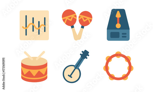 Flat music icon set featuring instruments and rhythm elements