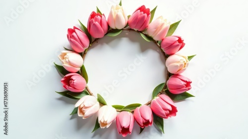 A delicate wreath of pink and white tulips arranged in a circular frame, perfect for spring celebrations or romantic events.