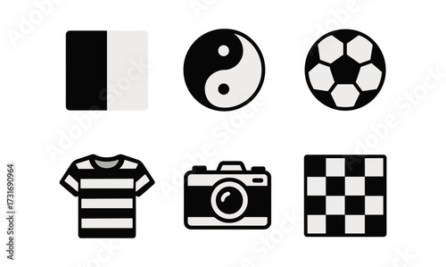 Monochrome icon collection featuring yin yang, soccer ball, camera, and chess board