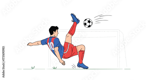 A focused soccer player executing a bicycle kick with a background soccer goal illustration demonstrates passion and physical effort of sport game