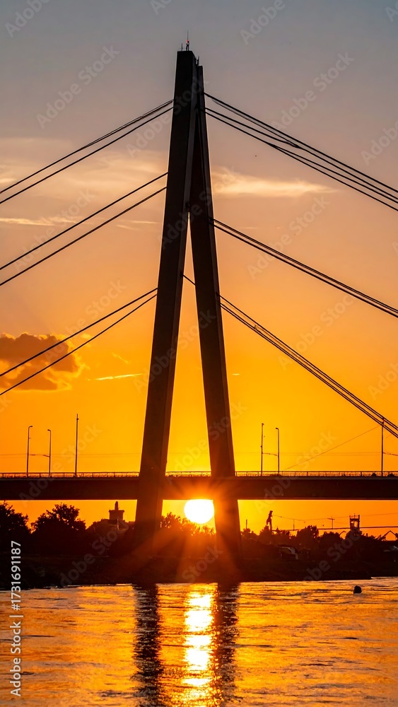 Obraz premium Silhouette of a cable-stayed bridge at sunset over a river
