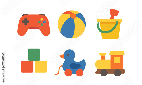 Colorful flat style toys collection featuring game controller, beach ball, blocks, rubber duck, and toy train