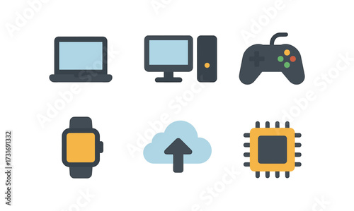 Modern technology icons: laptop, desktop, game controller, smartwatch, cloud, microchip in flat design