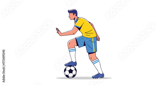 Illustration of a poised soccer player showcasing ball control skill and athletic stance against a minimalist background reflecting sportsmanship,50