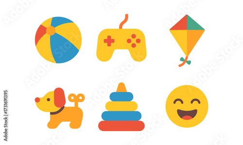 Colorful flat design toys and play items icon set